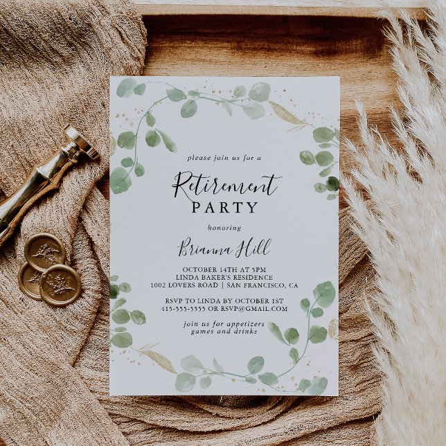 Gold Confetti Eucalyptus Foliage Retirement Party Invitation (Creator Uploaded)