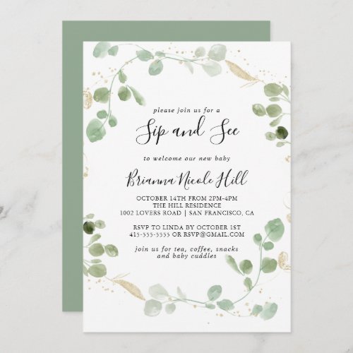 Gold Confetti Eucalyptus Foliage Sip and See  Invitation