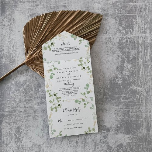 Gold Confetti Eucalyptus Foliage Wedding      All In One Invitation