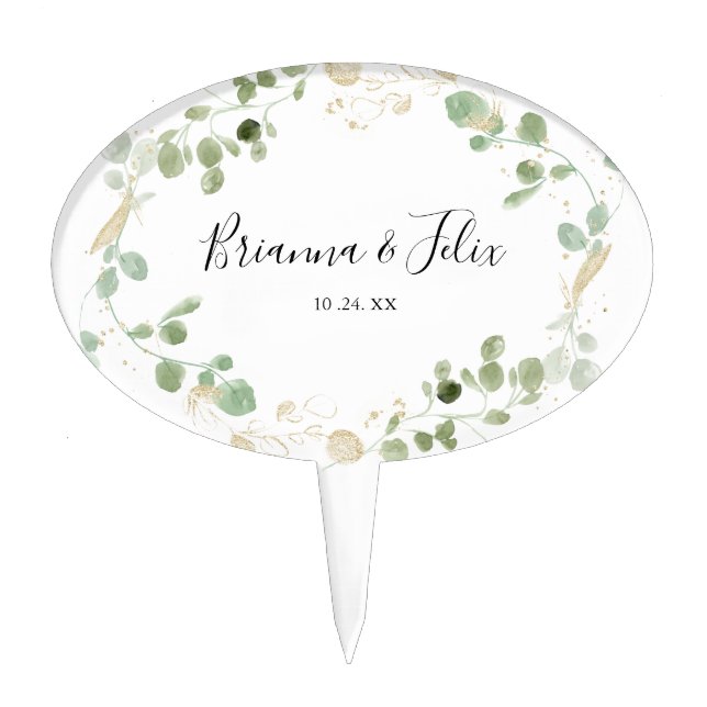 Gold Confetti Eucalyptus Foliage Wedding  Cake Topper (Front)