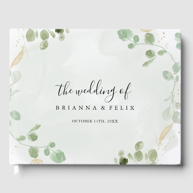 Gold Confetti Eucalyptus Foliage Wedding  Guest Book (Front)
