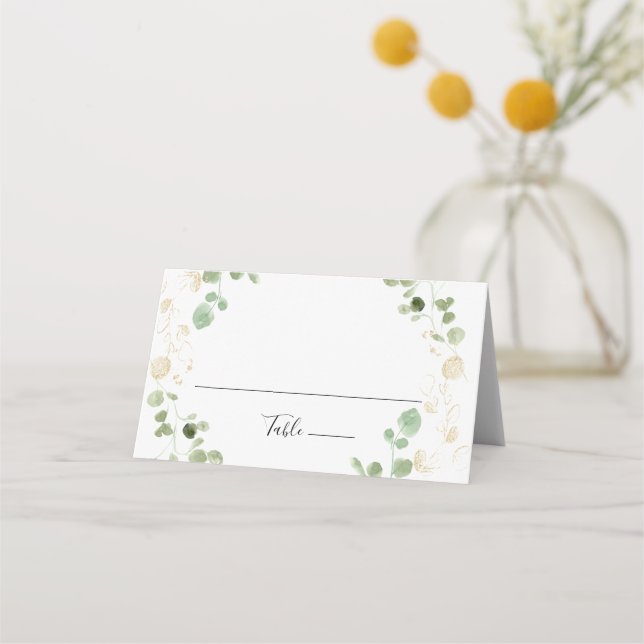 Gold Confetti Eucalyptus Foliage Wedding  Place Card (Front)