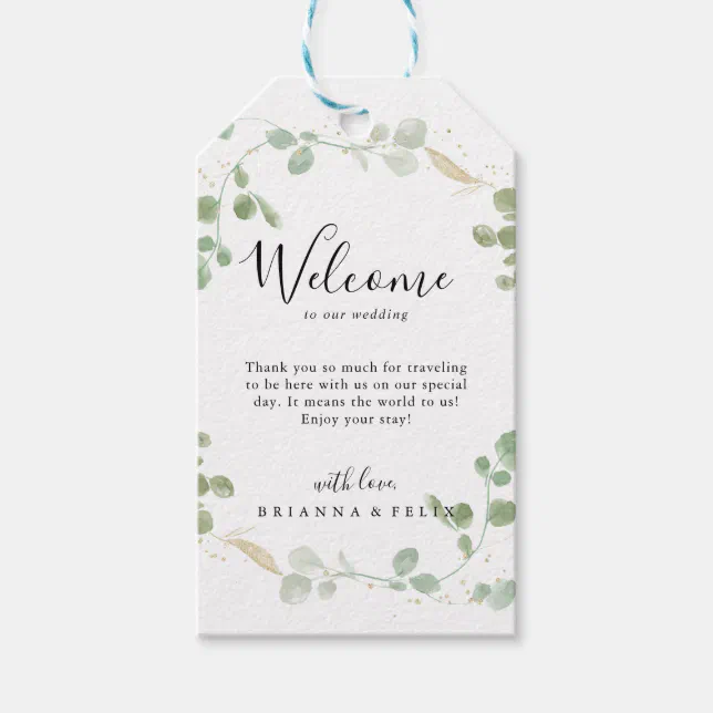 Gold Confetti Eucalyptus Foliage Wedding Welcome Gift Tags | Zazzle