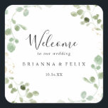 Gold Confetti Eucalyptus Foliage Wedding Welcome  Square Sticker<br><div class="desc">This gold confetti eucalyptus foliage wedding welcome square sticker is perfect for a rustic wedding. The design features watercolor eucalyptus green foliage with gold confetti.

These labels are perfect for hotel guest welcome bags and destination weddings.</div>