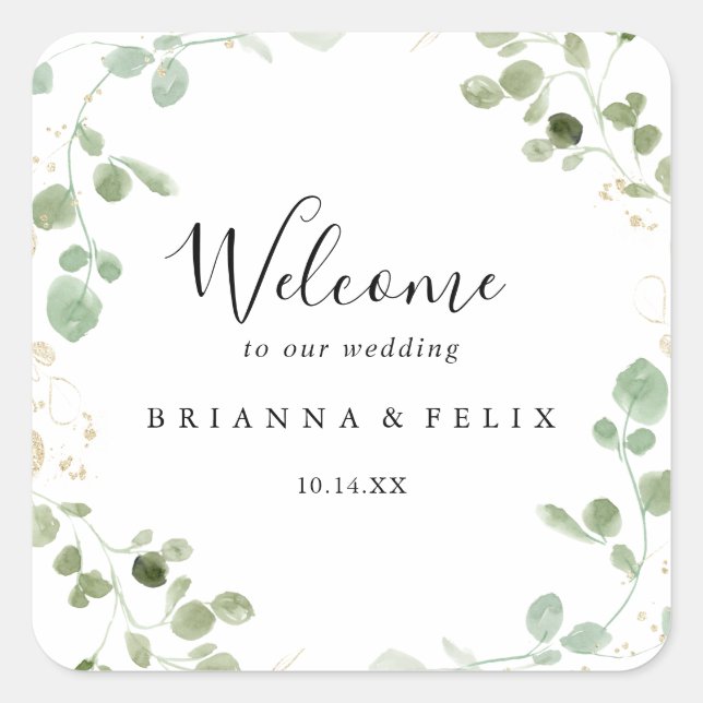 Gold Confetti Eucalyptus Foliage Wedding Welcome  Square Sticker (Front)