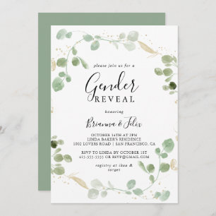 Gold Confetti Eucalyptus Gender Reveal Party Invitation