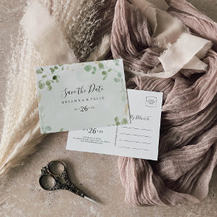 Gold Confetti Eucalyptus Horizontal Save the Date  Postcard