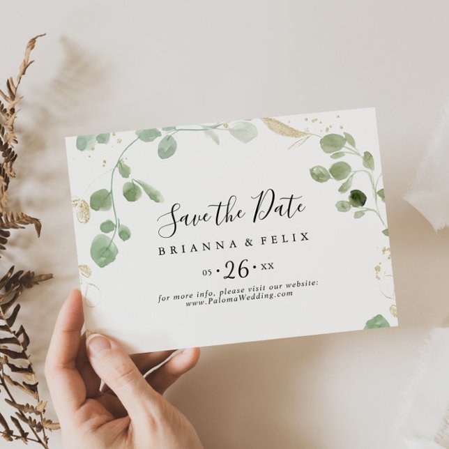 Gold Confetti Eucalyptus Horizontal Wedding  Save The Date (Creator Uploaded)