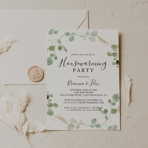 Gold Confetti Eucalyptus Housewarming Party  Invitation