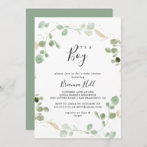 Gold Confetti Eucalyptus Its A Boy Baby Shower  Invitation