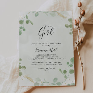 Gold Confetti Eucalyptus It's A Girl Baby Shower Invitation