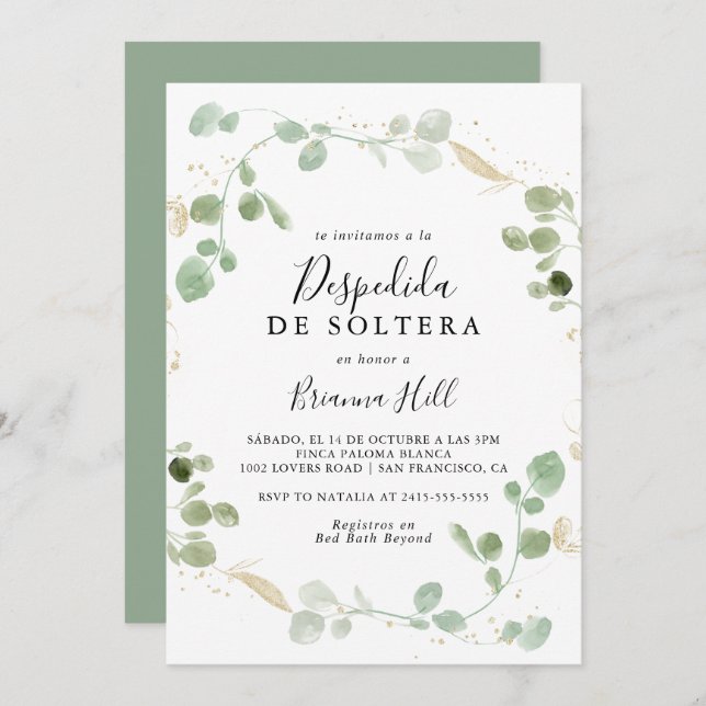 Gold Confetti Eucalyptus Spanish Bridal Shower  Invitation (Front/Back)