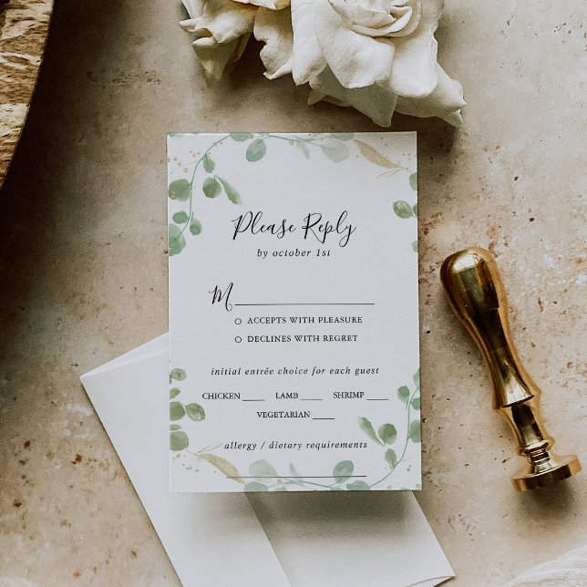 Gold Confetti Eucalyptus Wedding Menu Choice RSVP (Creator Uploaded)
