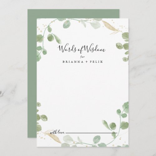 Gold Confetti Eucalyptus Wedding Words of Wisdom  Advice Card