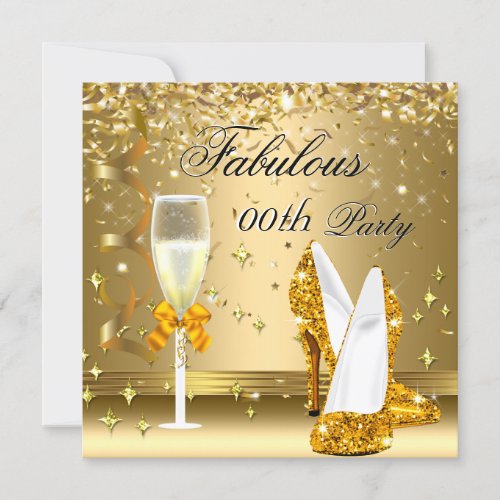 Gold Confetti Fabulous Champagne Heels Birthday Invitation
