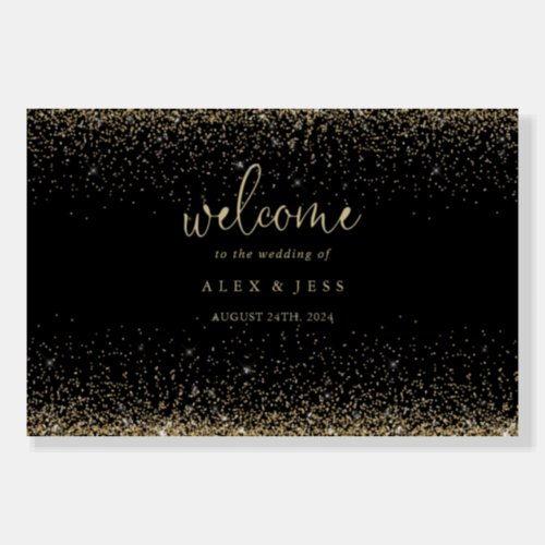 Gold Confetti Fancy Script Black Wedding Welcome  Foam Board