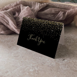 Gold Confetti Fancy Script Folded Wedding Thank You Card