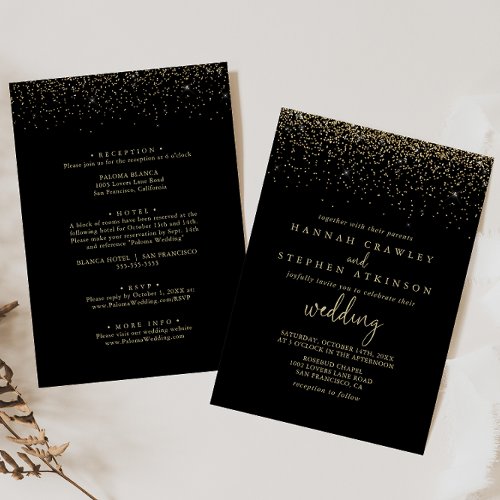 Gold Confetti Fancy Script Front  Back Wedding  Invitation