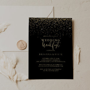 Gold Confetti Fancy Script Wedding Breakfast  Invitation