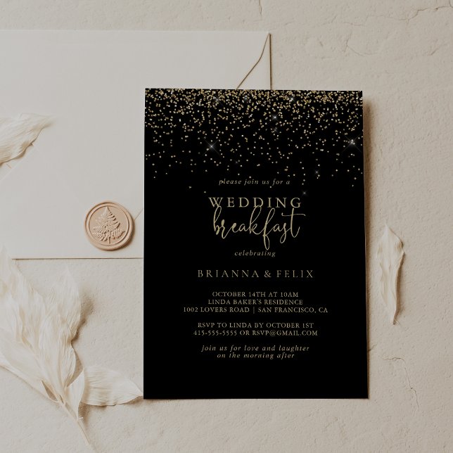 Gold Confetti Fancy Script Wedding Breakfast  Invitation (Creator Uploaded)