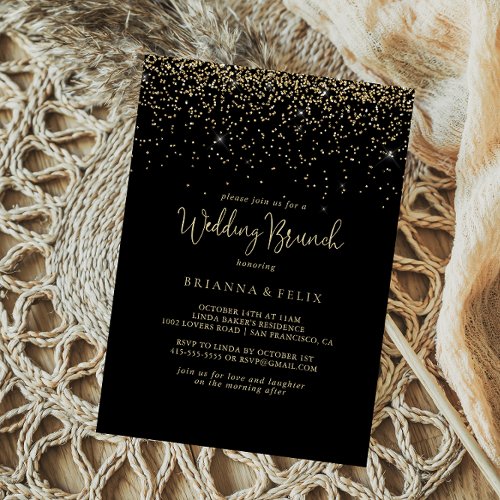 Gold Confetti Fancy Script Wedding Brunch  Invitation
