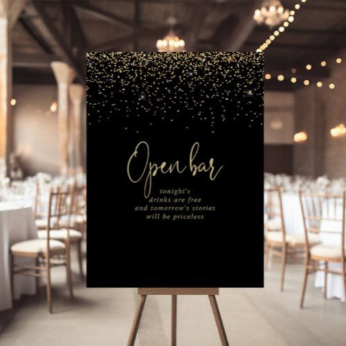 Gold Confetti Fancy Script Wedding Open Bar Sign
