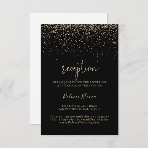 Gold Confetti Fancy Script Wedding Reception  Enclosure Card