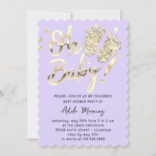 Gold Confetti Feet Baby Girl Boy Shower Purple Invitation