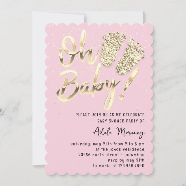 Gold Confetti Feet Baby Girl Shower Script Pink  Invitation (Front)