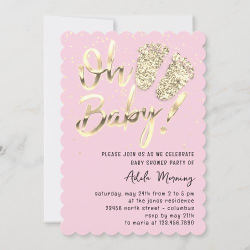 Gold Confetti Feet Baby Girl Shower Script Pink  Invitation