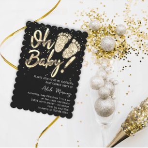 Gold Confetti Feet Baby Shower Script Black White Invitation
