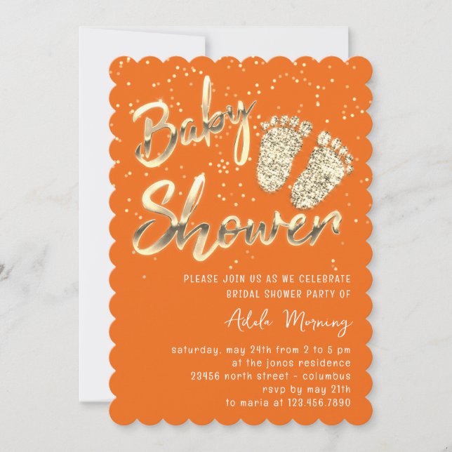 Gold Confetti Feet Baby Shower Script Orange  Invitation (Front)