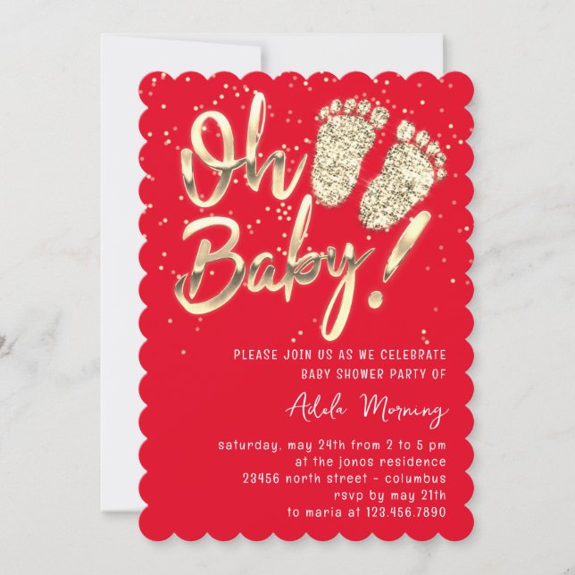 Gold Confetti Feet Baby Shower Script Red Invitation (Front)