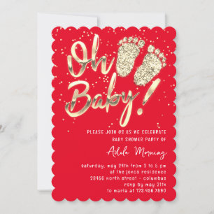 Gold Confetti Feet Baby Shower Script Red Invitation