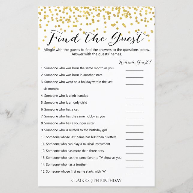 Gold Confetti Find the Guest Birthday Game (Front)