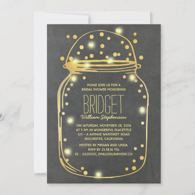 Gold Confetti Fireflies Mason Jar Bridal Shower Invitation (Front)
