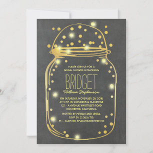 Gold Confetti Fireflies Mason Jar Bridal Shower Invitation