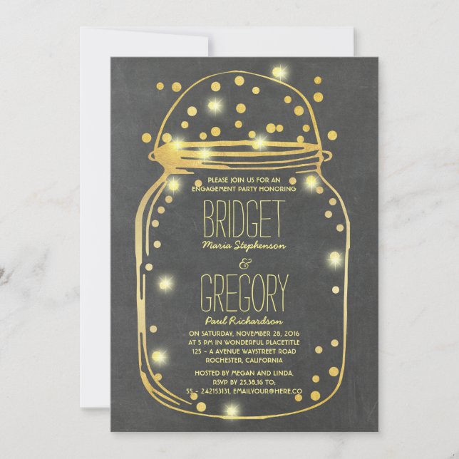 Gold Confetti Fireflies Mason Jar Engagement Party Invitation (Front)