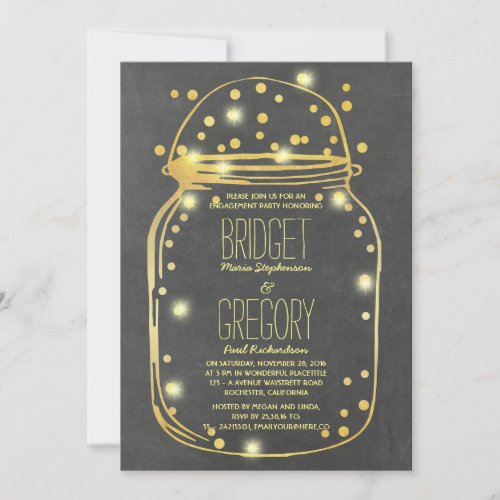 Gold Confetti Fireflies Mason Jar Engagement Party Invitation