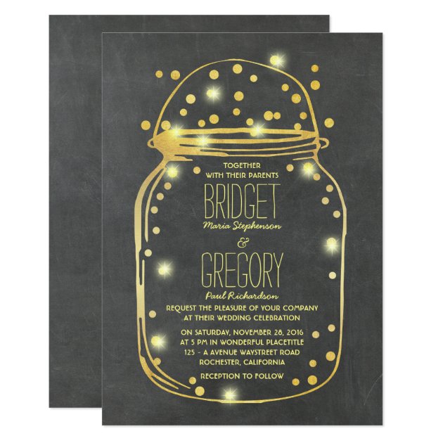 Gold Confetti Fireflies Mason Jar Wedding Invitation