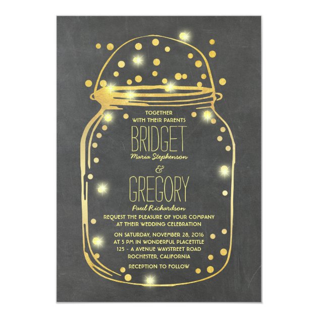 Gold Confetti Fireflies Mason Jar Wedding Invitation