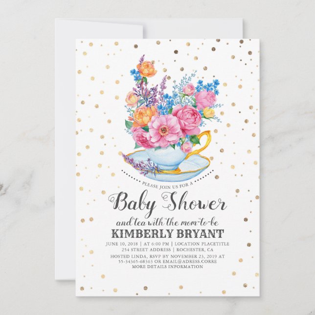 Gold Confetti | Floral Baby Shower Tea Party Invitation (Front)