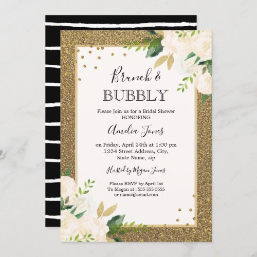 Gold Confetti Floral Brunch And Bubbly Shower Invitation