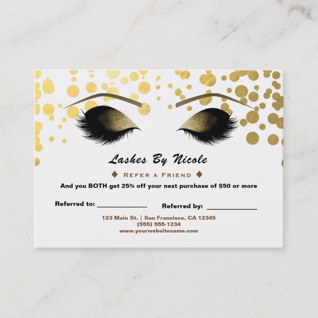 Gold Confetti Foil Lashes Refer Friend Aftercare Referral Card (Front)