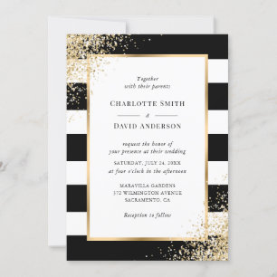 Gold Confetti Frame Black White Stripe Wedding Invitation