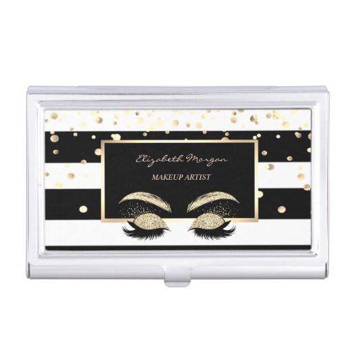 Gold Confetti Frame Stripes Glitter Faux Lashes Business Card Case