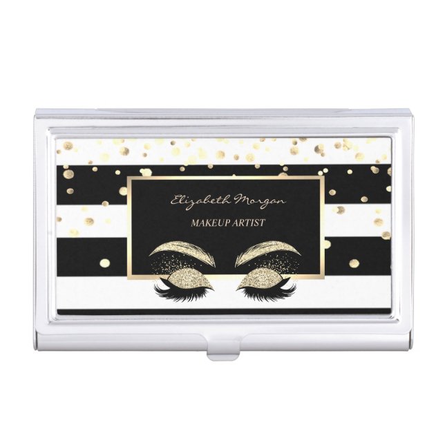 Gold Confetti, Frame, Stripes Glitter Faux Lashes Business Card Case (Front)