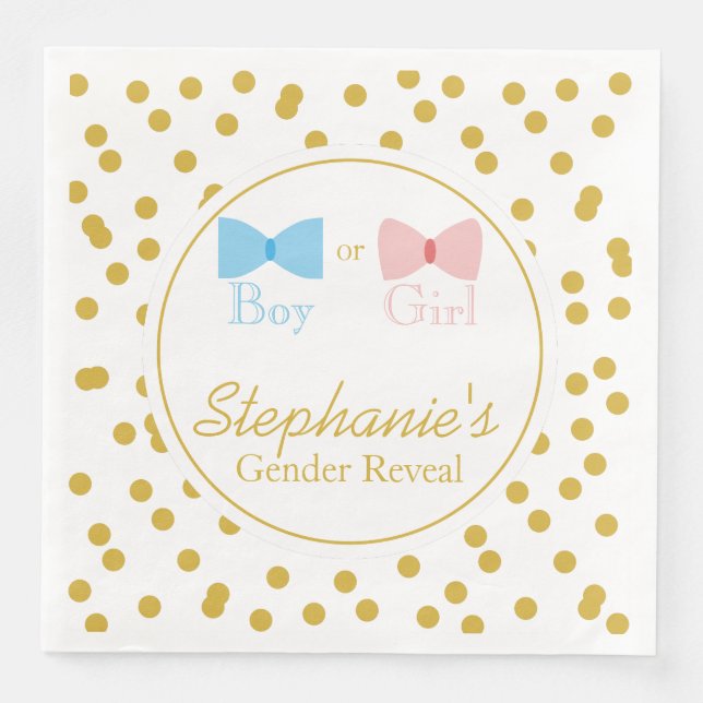 Gold Confetti Gender Reveal Bow and Bow Tie Paper Dinner Napkins (Front)