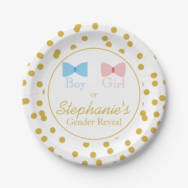 Gold Confetti Gender Reveal Bow and Bow Tie Paper Plates (Front)