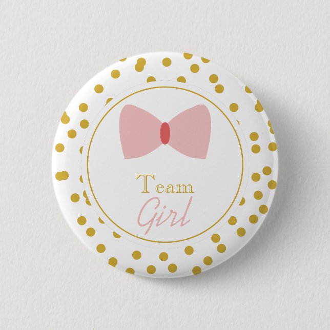 Gold Confetti Gender Reveal Bow Team Girl Pinback Button (Front)